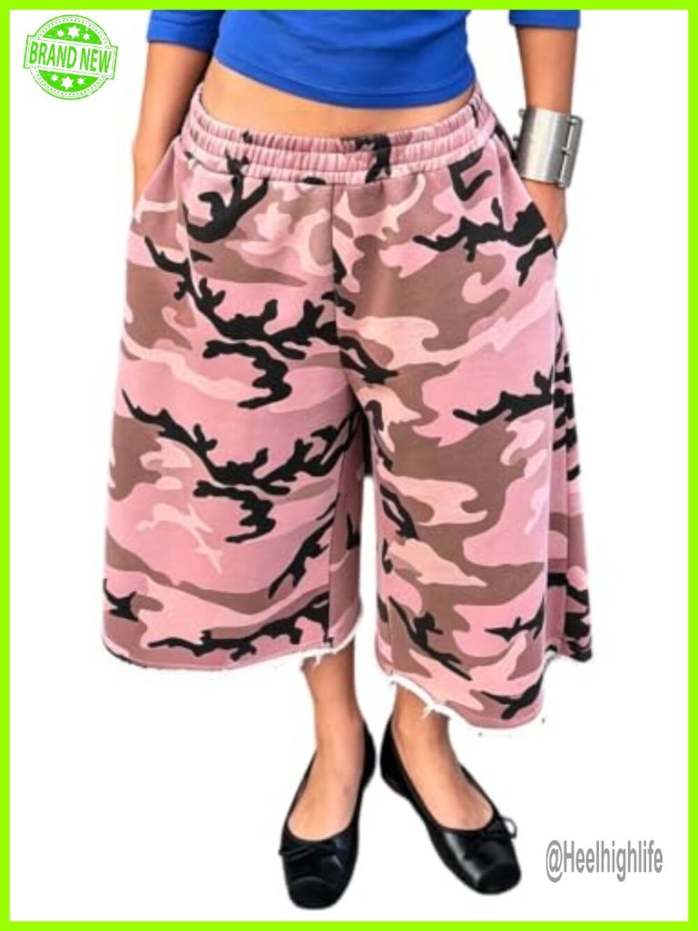Women's Wide Leg Camo Sweat Shorts Raw Hem French Terry Capri Culotte